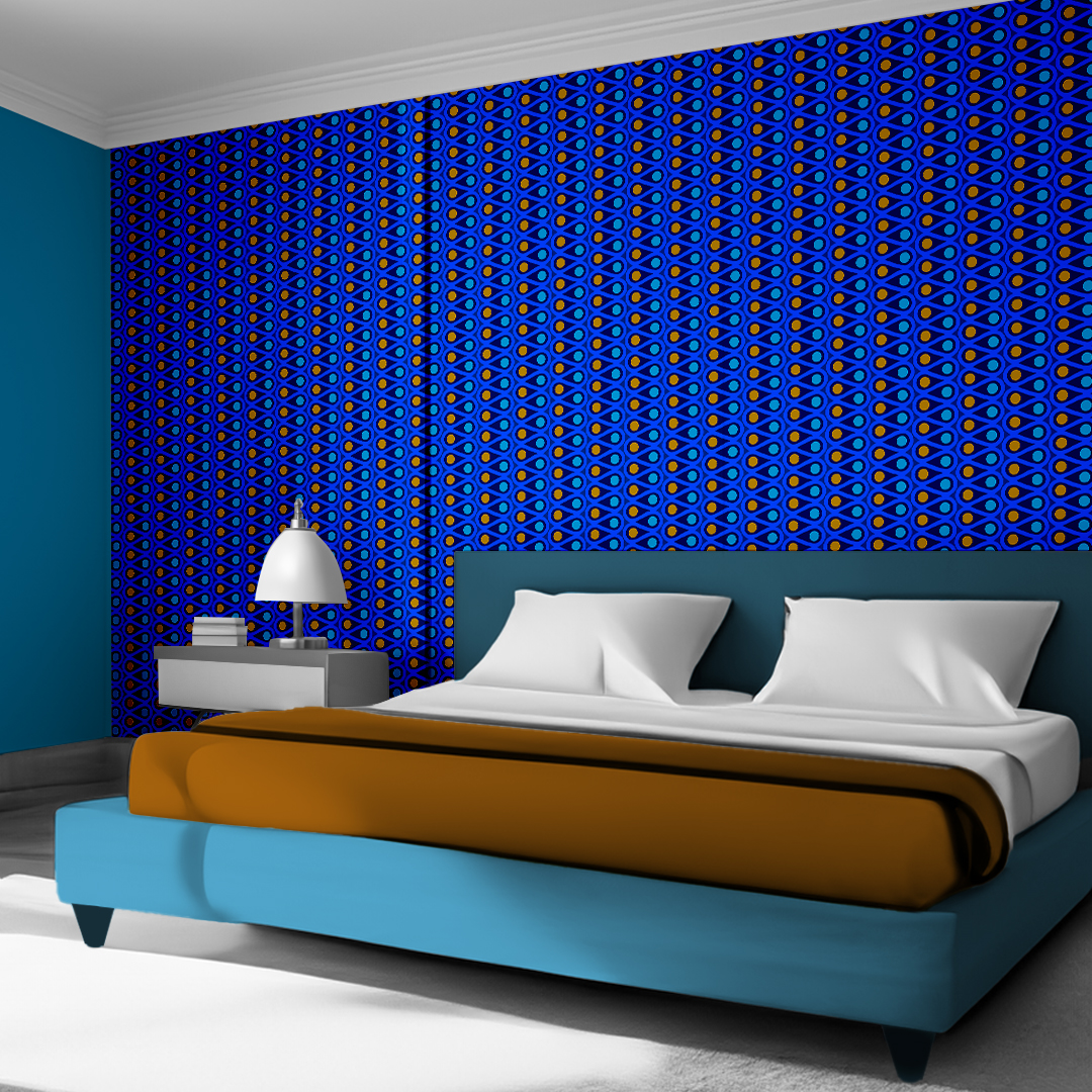 The artwork features a repetitive geometric pattern with curved, teal shapes creating loops that flow in symmetrical vertical columns. Inside the loops, there are solid circular shapes alternating between green and blue, with green circles in the left column and blue circles in the right column. The white background accentuates the vivid colors and clean lines of the design. The overall composition is balanced with a modern, vibrant aesthetic.